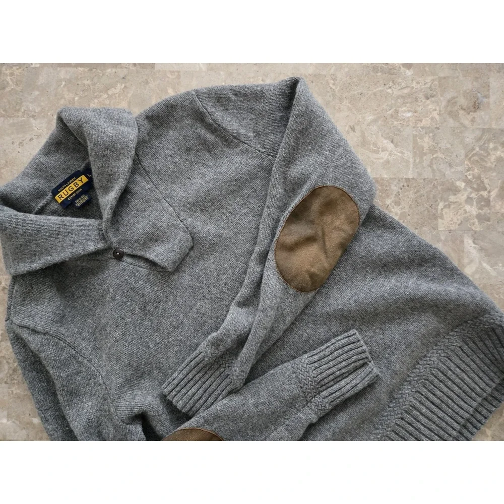 Vintage RALPH LAUREN RUGBY 100% WOOL‎ Knit Sweater SUEDE ELBOW Patch Mens Large